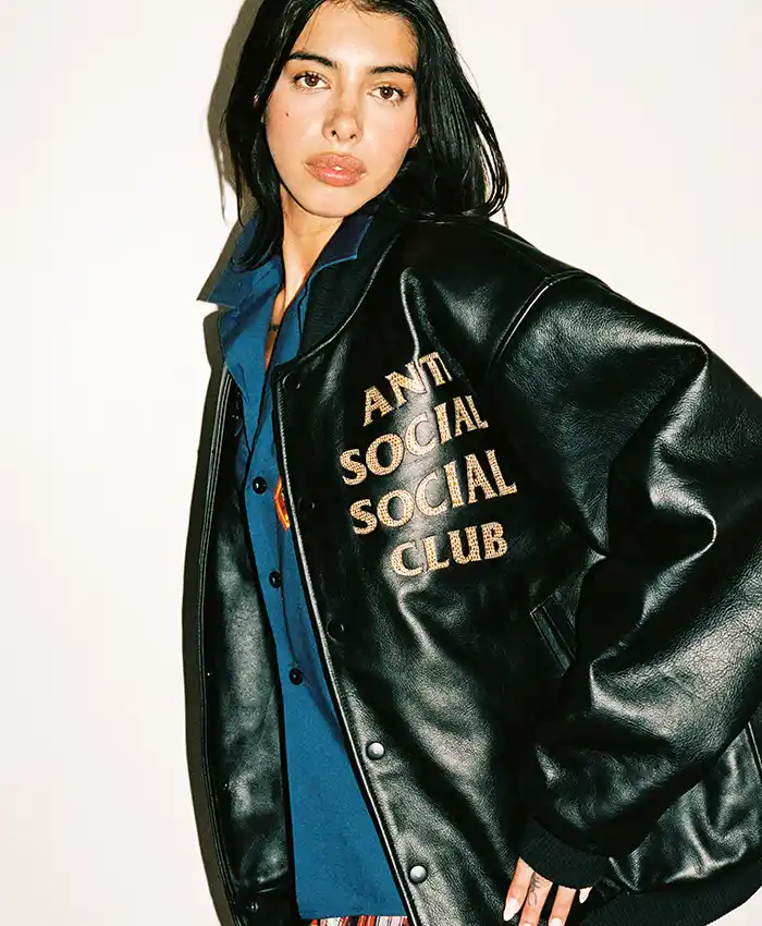 Anti Social Social Club Fall-Winter 2026 Capsule 2 Black Leather Varsity Jacket front view