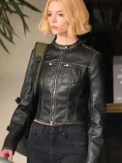Anya Taylor-Joy TV Series Lucky S01 Black Cafe Racer Leather Jacket front view