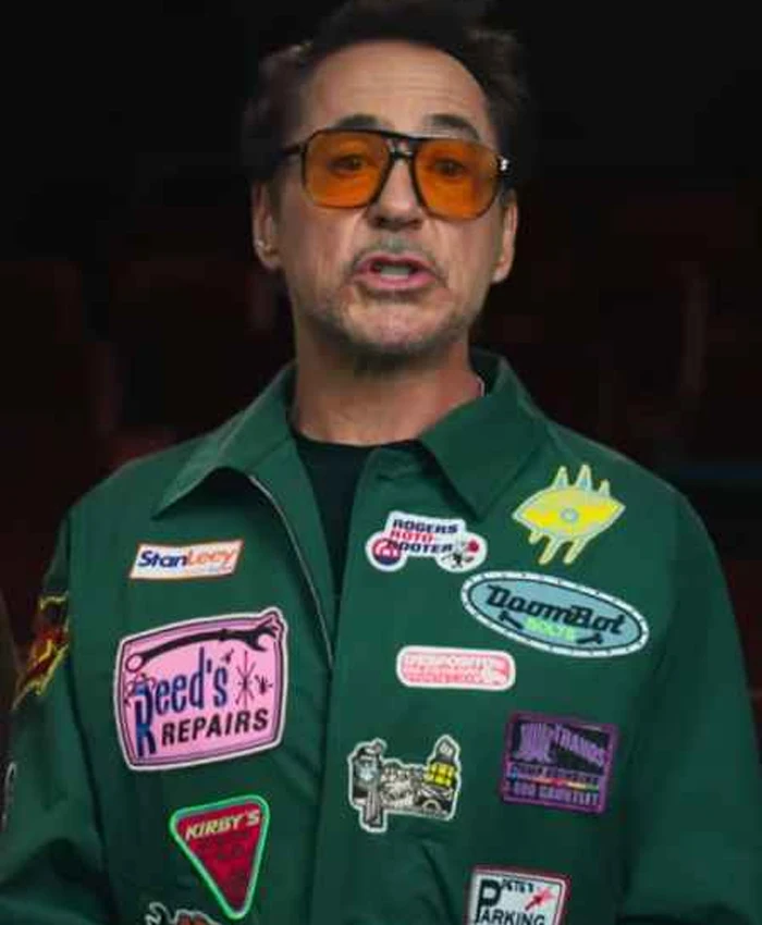 Avengers Endgame Encore Robert Downey Jr. Tony Stark Green Cotton Patchwork Jacket front view