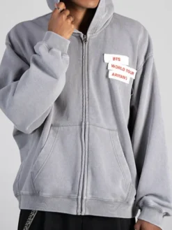 BTS ARIRANG World Tour Baltimore Jungkook Zip Grey Fleece Hoodie front view