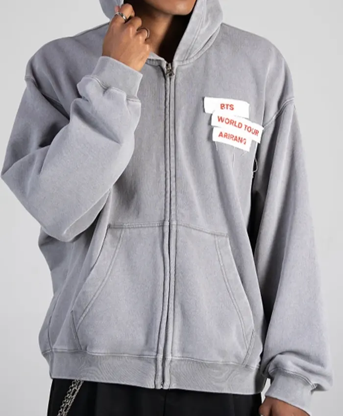 BTS ARIRANG World Tour Baltimore Jungkook Zip Grey Fleece Hoodie front view