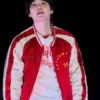 BTS ARIRANG World Tour Toronto Suga Red And White Satin Quilted Bomber Jacket front view