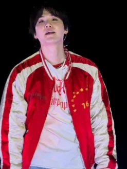 BTS ARIRANG World Tour Toronto Suga Red And White Satin Quilted Bomber Jacket front view