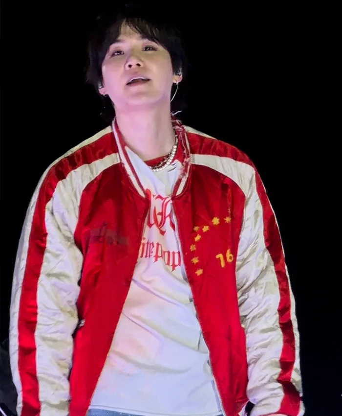 BTS ARIRANG World Tour Toronto Suga Red And White Satin Quilted Bomber Jacket front view