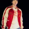 BTS ARIRANG World Tour Toronto Suga Red And White Satin Quilted Bomber Jacket side view