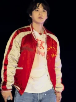BTS ARIRANG World Tour Toronto Suga Red And White Satin Quilted Bomber Jacket side view