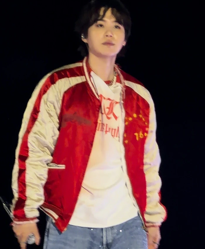 BTS ARIRANG World Tour Toronto Suga Red And White Satin Quilted Bomber Jacket side view