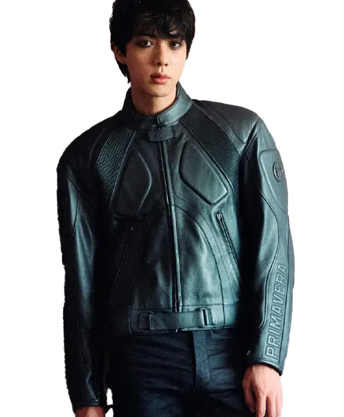 BTS Jin Gucci Primavera Green Leather Jacket front view
