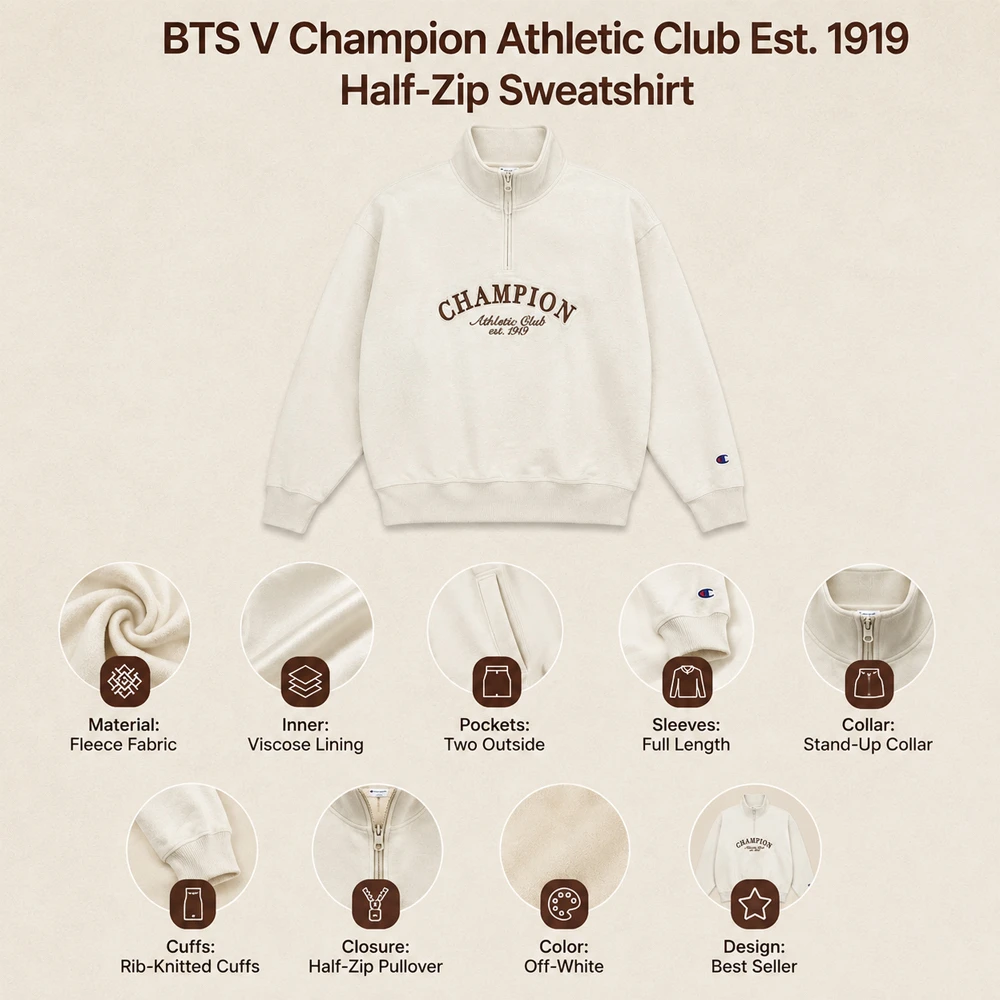 BTS V Champion Athletic Club Est. 1919 Half-Zip Sweatshirt infographic