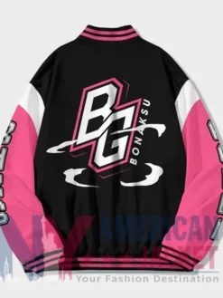 Back View of Bonaksu Gaming Black And Pink Fleece Varsity Jacket