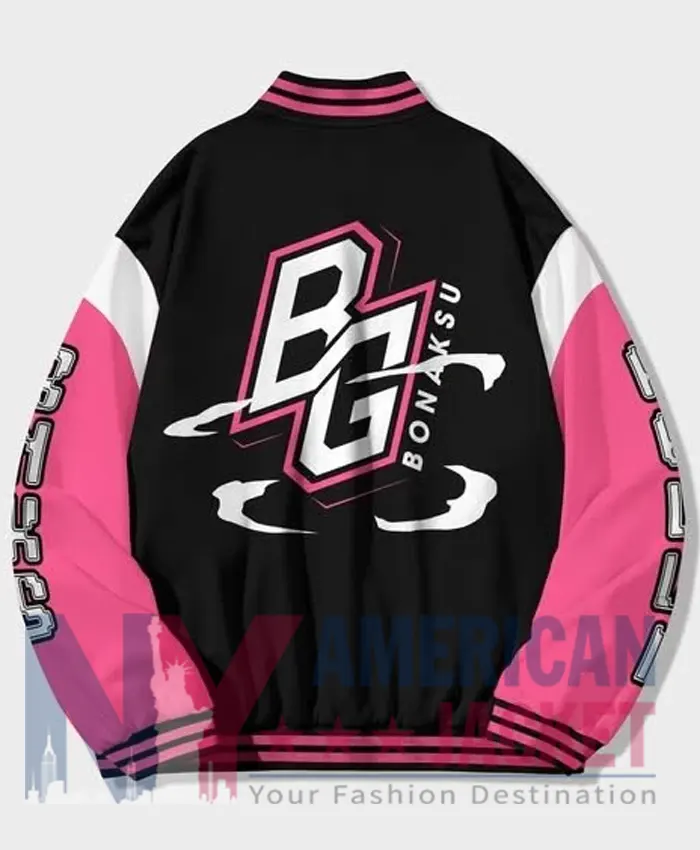 Back View of Bonaksu Gaming Black And Pink Fleece Varsity Jacket