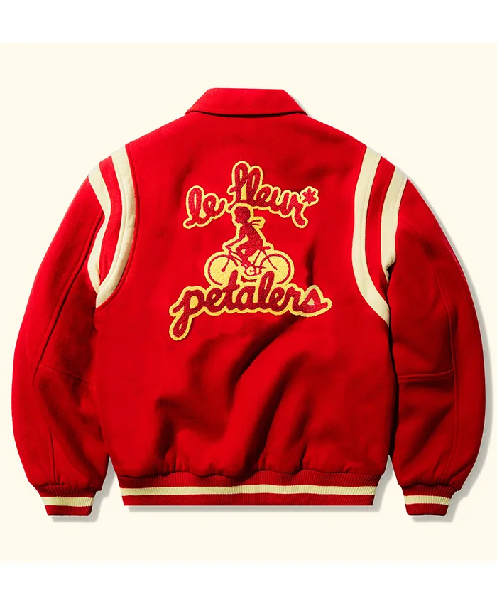Back View of GOLF le FLEUR Tyler The Creator Petalers Red Wool Varsity Jacket