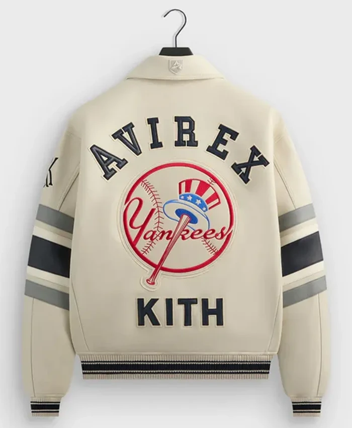 Back View of Jason Alexander Kith x Avirex New York Yankees White Leather Jacket