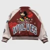 Back View of Mickey Mouse Wolves Club Roxy Box Cut Maroon Letterman Jacket
