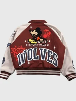 Back View of Mickey Mouse Wolves Club Roxy Box Cut Maroon Letterman Jacket