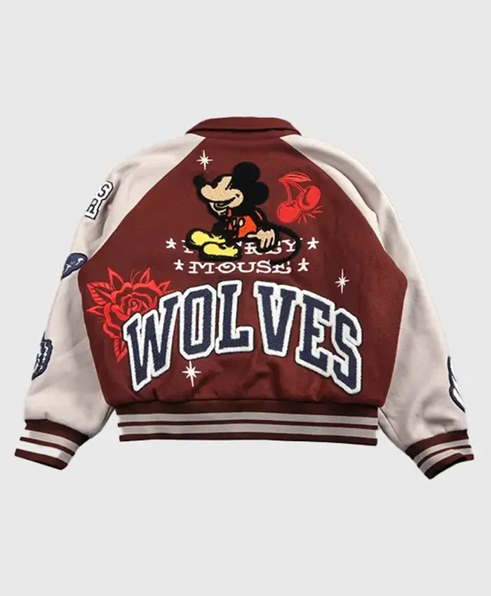 Back View of Mickey Mouse Wolves Club Roxy Box Cut Maroon Letterman Jacket