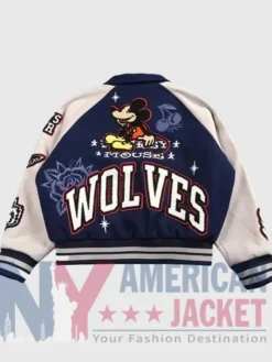 Back View of Mickey Mouse Wolves Club Roxy Box Cut Navy Blue Letterman Jacket