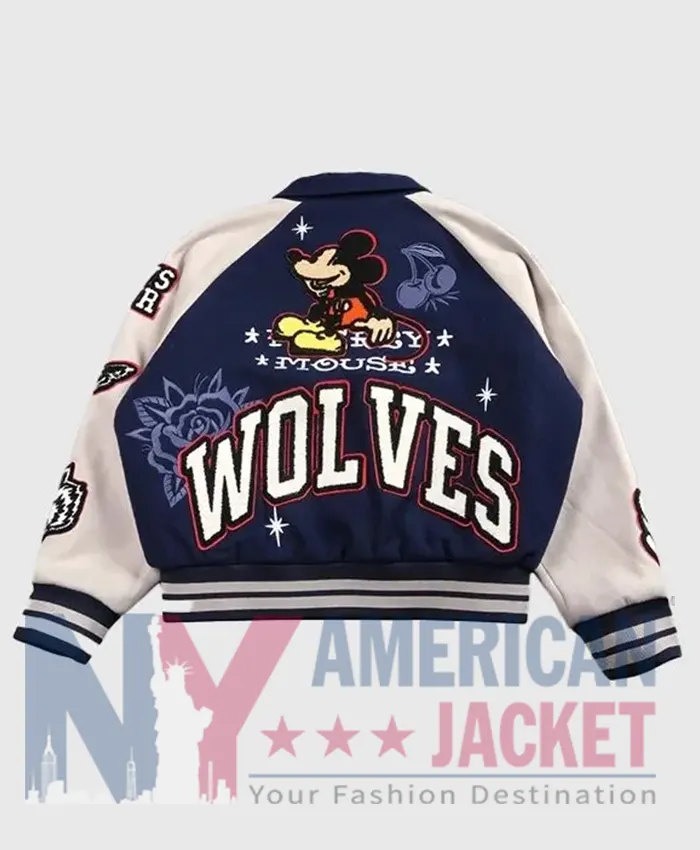 Back View of Mickey Mouse Wolves Club Roxy Box Cut Navy Blue Letterman Jacket
