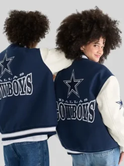 Back View of NFL Team Dallas Cowboys Navy And White Bomber Jacket