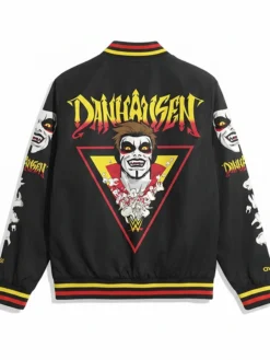Back View of WWE Danhausen Halloween Black Satin Varsity Fanimation Jacket