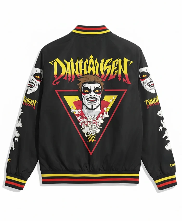 Back View of WWE Danhausen Halloween Black Satin Varsity Fanimation Jacket