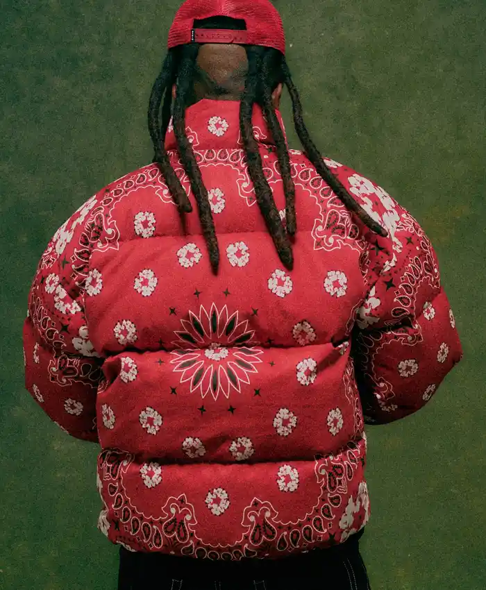 Back view Denim Tears x André Leon Talley Fall 2026 Red Bandana Puffer Jacket