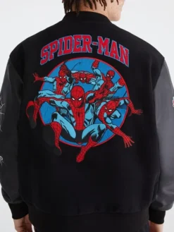 Back view Halloween Marvel Aero Spider-Man Black 62 Varsity Bomber Jacket