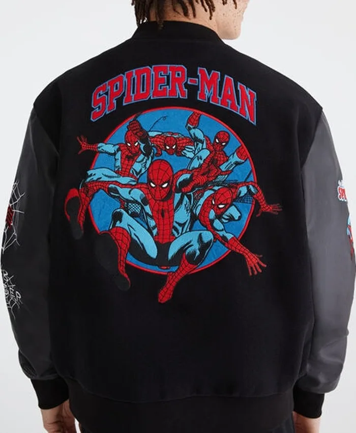 Back view Halloween Marvel Aero Spider-Man Black 62 Varsity Bomber Jacket