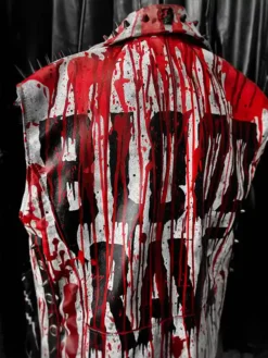 Back view of Blood Rave Leather Vest featuring bold red and white biker-inspired design