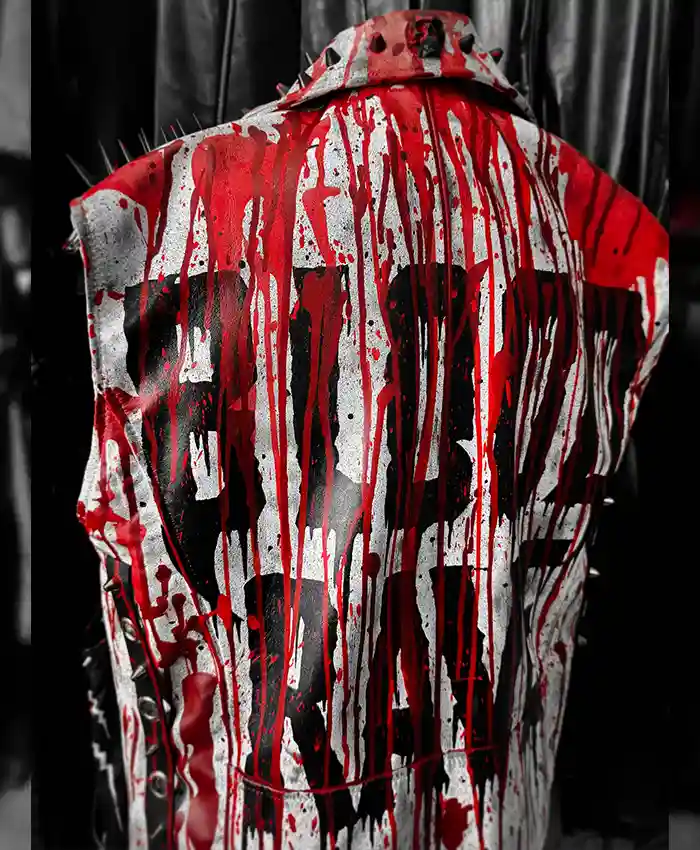 Back view of Blood Rave Leather Vest featuring bold red and white biker-inspired design