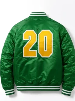 Back view of CM Punk Minnesota North Stars Green Satin Bomber Jacket