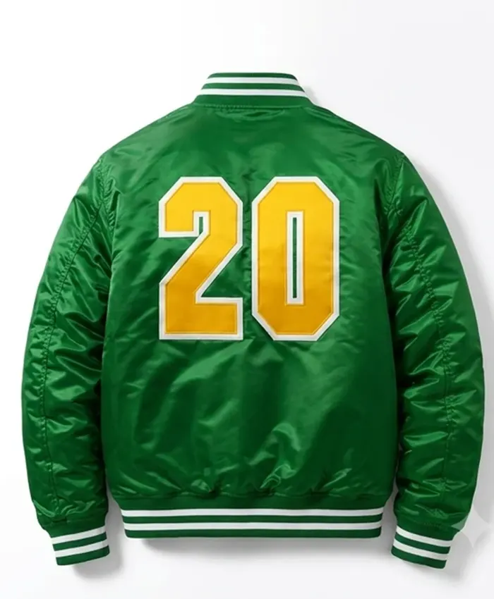 Back view of CM Punk Minnesota North Stars Green Satin Bomber Jacket