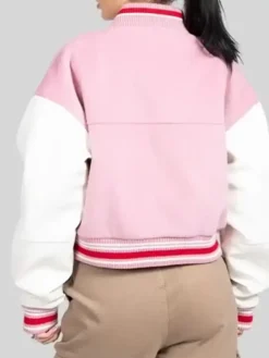 Back view of Cernucci 2026 Pink And White Wool Leather Varsity Jacket