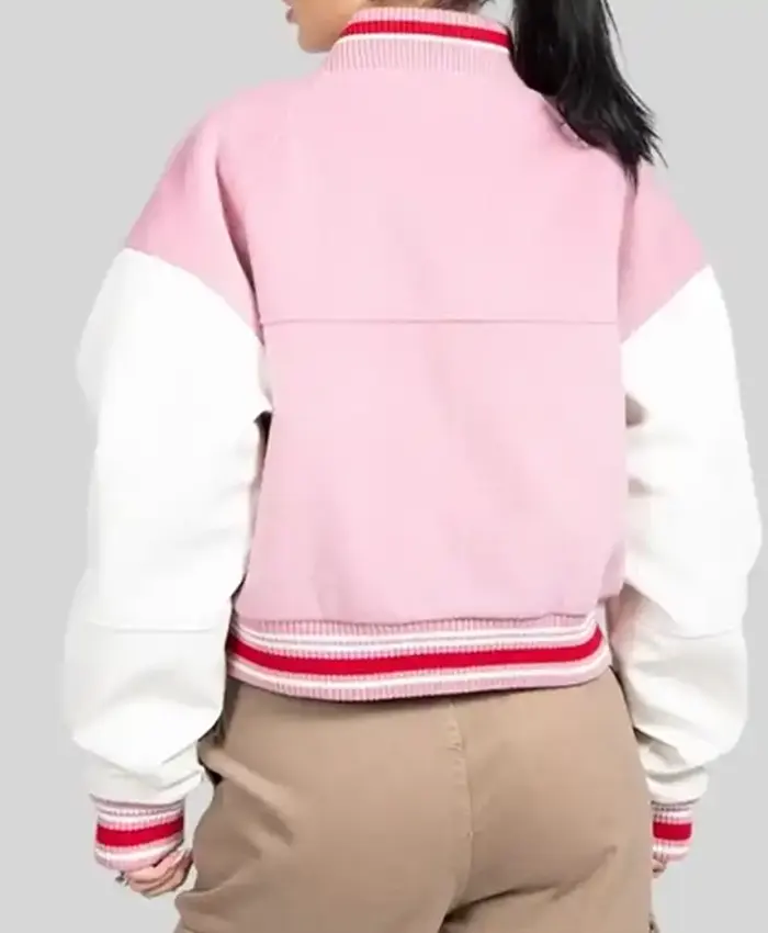 Back view of Cernucci 2026 Pink And White Wool Leather Varsity Jacket