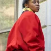 Back view of Hailey Kilgore Power Book III Raising Kanan S04 Red Wool Bomber Jacket