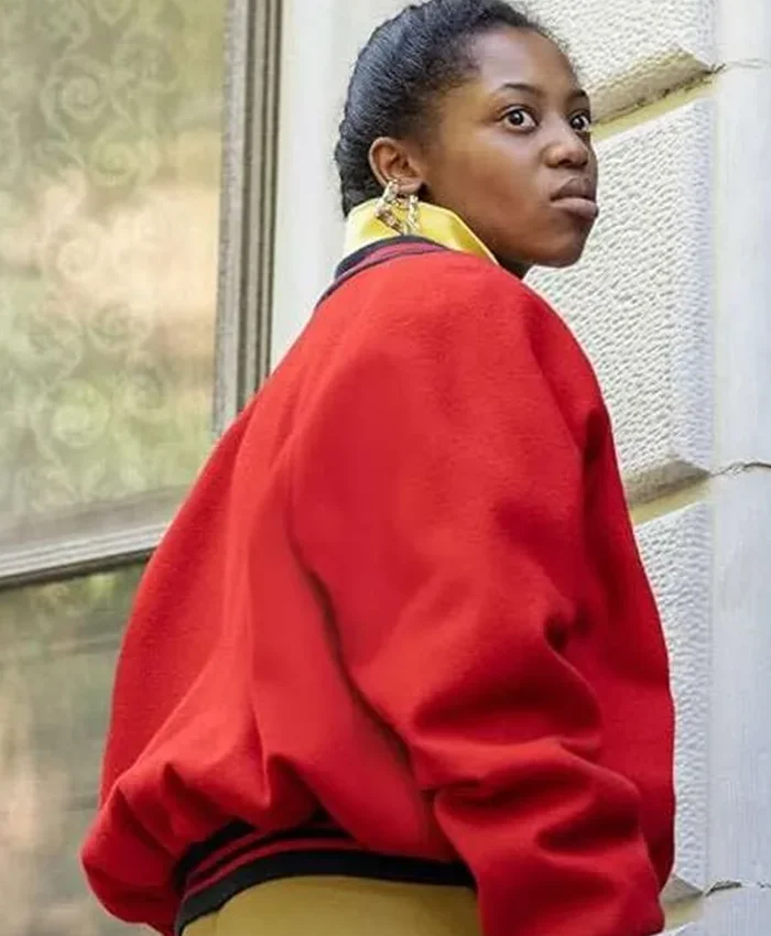 Back view of Hailey Kilgore Power Book III Raising Kanan S04 Red Wool Bomber Jacket