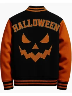 Back view of Halloween Stegaro Black And Orange Wool Varsity Jacket Sale