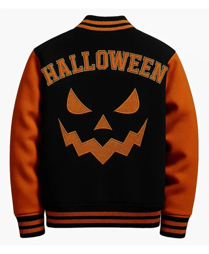 Back view of Halloween Stegaro Black And Orange Wool Varsity Jacket Sale