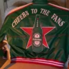 Back view of Heineken Green Real Leather Bomber Jacket with full-length sleeves