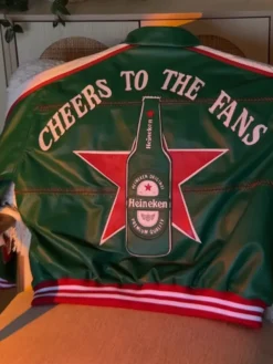 Back view of Heineken Green Real Leather Bomber Jacket with full-length sleeves