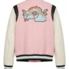 Back view of Jenni Farley Jersey Shore Family Vacation Season 09 Pink and White Varsity Jacket