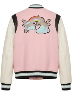 Back view of Jenni Farley Jersey Shore Family Vacation Season 09 Pink and White Varsity Jacket