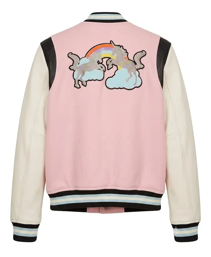 Back view of Jenni Farley Jersey Shore Family Vacation Season 09 Pink and White Varsity Jacket
