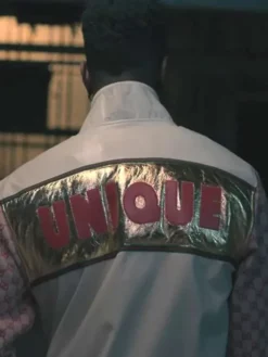 Back view of Joey Bada$$ Power Book III Raising Kanan S01 Unique White And Pink Leather Jacket