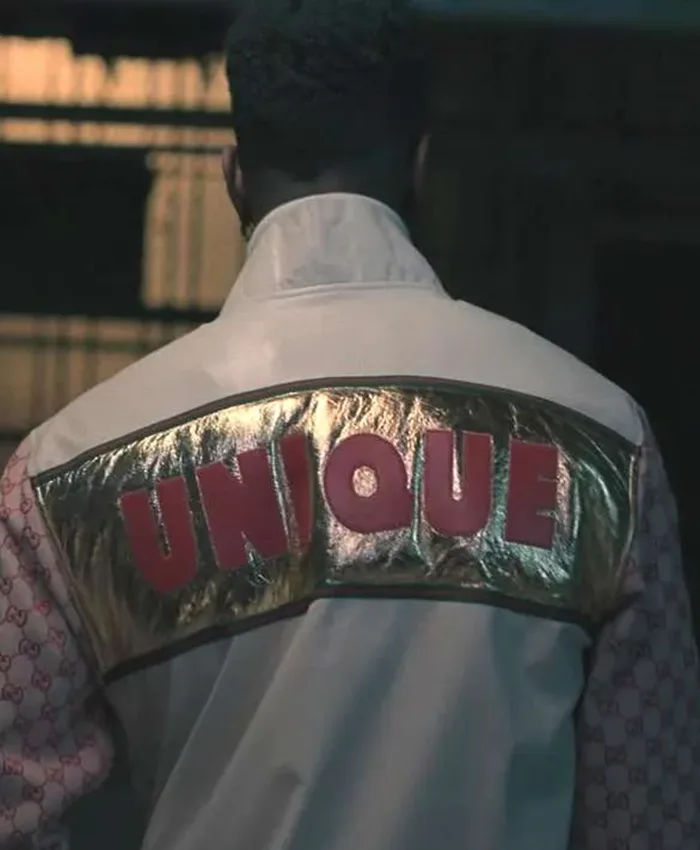 Back view of Joey Bada$$ Power Book III Raising Kanan S01 Unique White And Pink Leather Jacket
