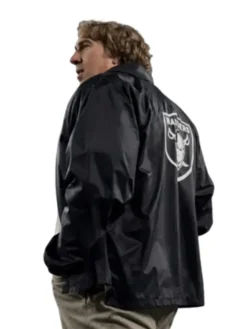 Back view of John Madden Madden 2026 Nicolas Cage Las Vegas Raiders NFL Black Satin Jacket