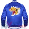 Back view of Katy Perry Tiger Jacket featuring blue satin fabric and bold tiger logo design