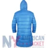 Back view of Little Nicky 2000 Adam Sandler Blue Puffer Jacket featuring hooded collar and padded style