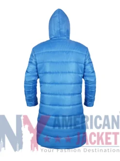 Back view of Little Nicky 2000 Adam Sandler Blue Puffer Jacket featuring hooded collar and padded style