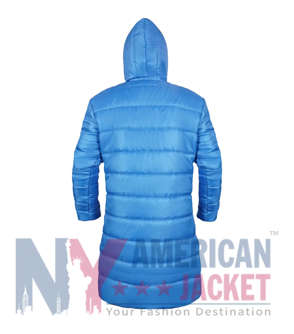 Back view of Little Nicky 2000 Adam Sandler Blue Puffer Jacket featuring hooded collar and padded style